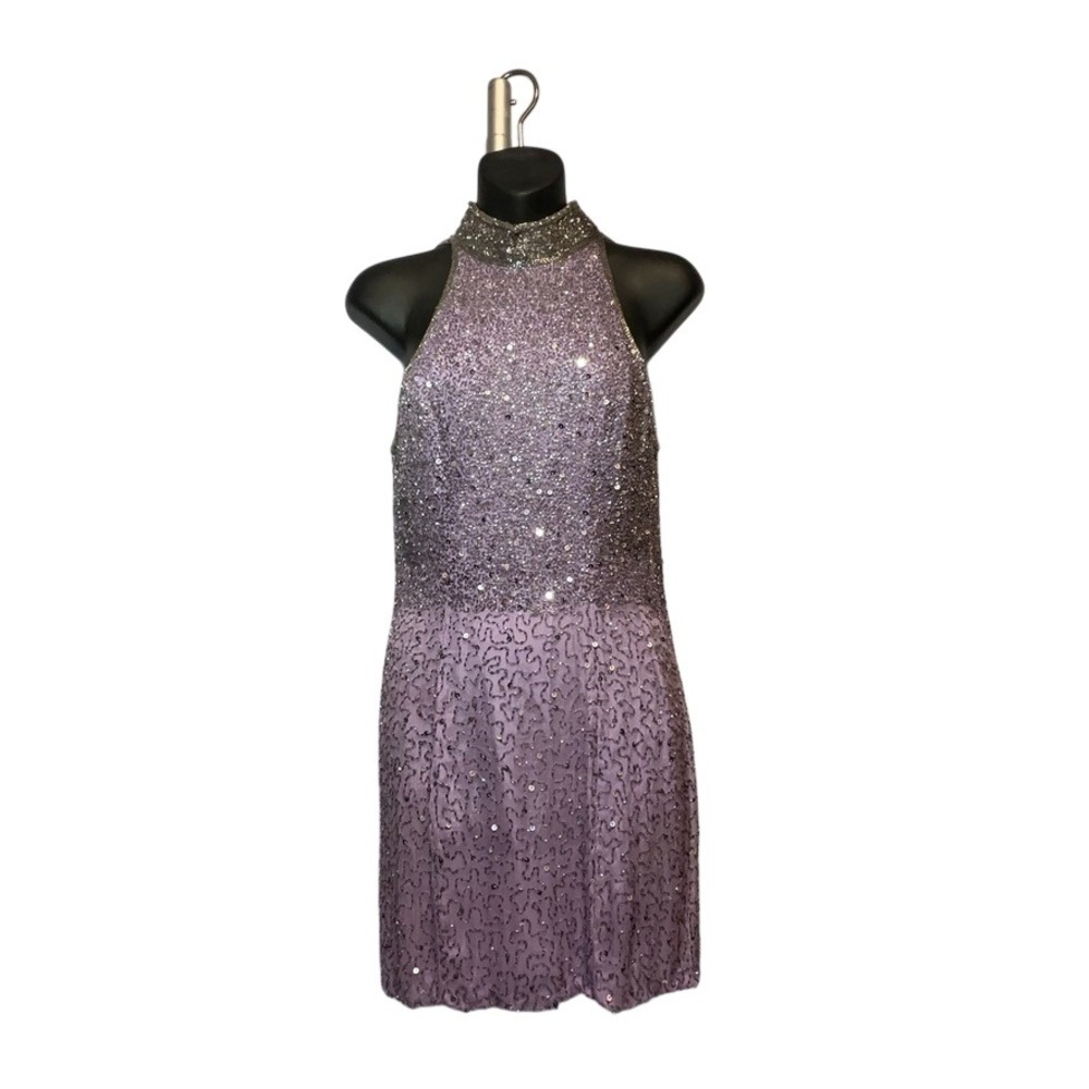 Cassandra Stone Lavender Sequin Beaded Halter Cocktail Party Dress